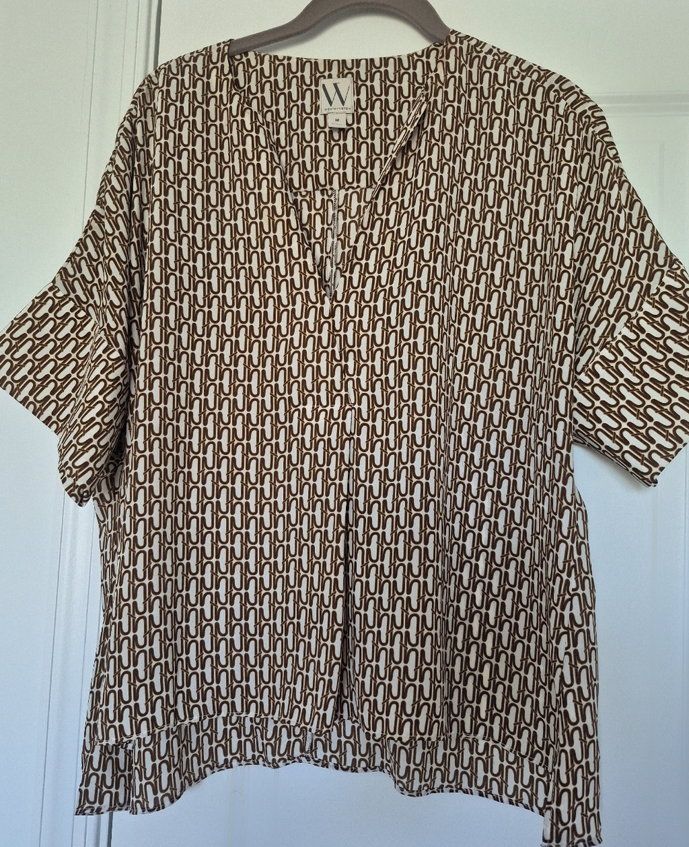 Worthington Brown and Cream Chain-Link Print Short Sleeve Top